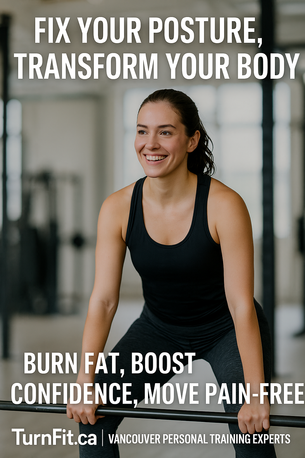Fit woman in gym demonstrating strong posture while lifting, highlighting the benefits of posture correction for fat loss, confidence, and injury prevention with TurnFit Personal Trainers in Vancouver