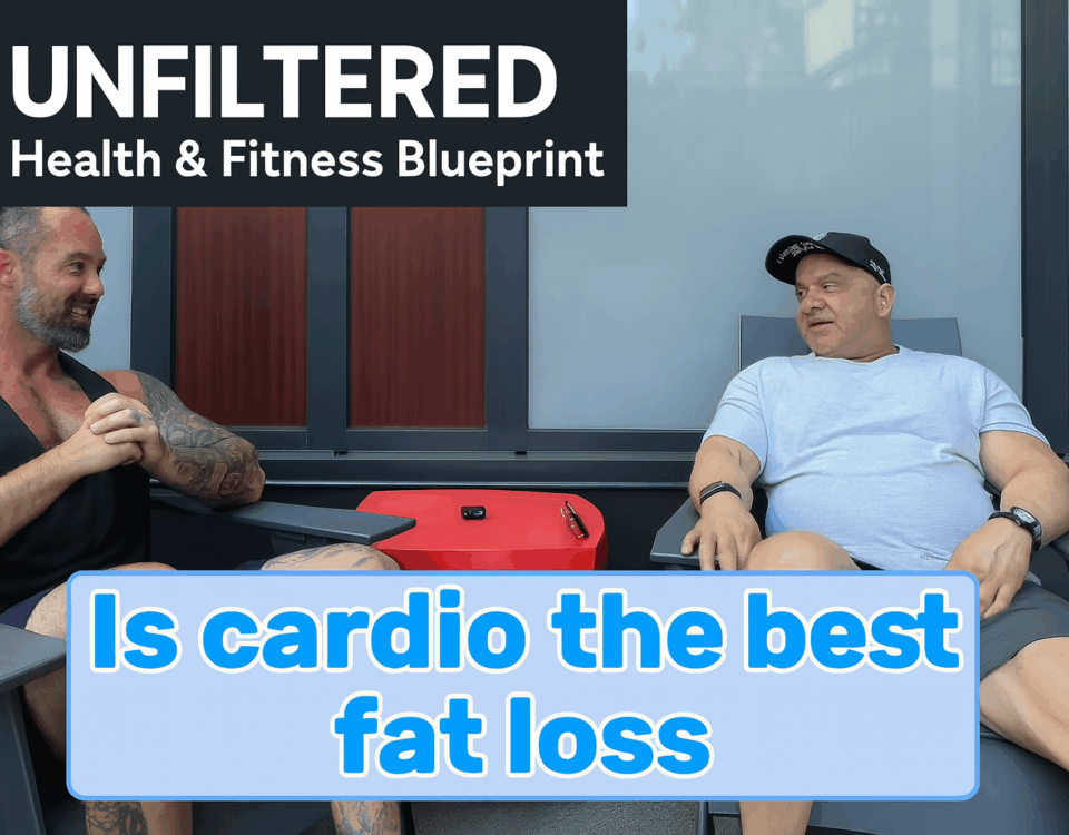 Podcast hosts David Turnbull and Kosta Kromidas discussing if cardio is the best for fat loss on the Unfiltered Health & Fitness Blueprint.