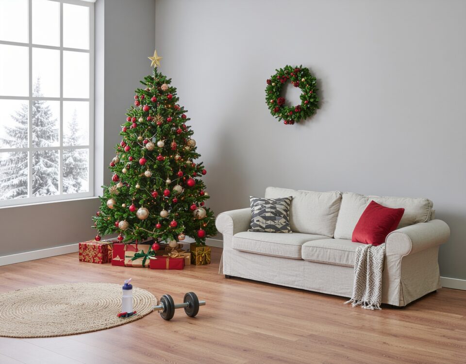 Christmas tree in cozy room filled with furniture with dumbbell