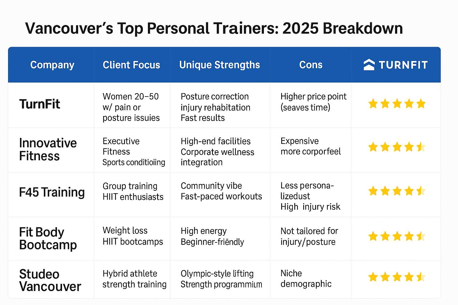Comparison chart of the top personal training companies in Vancouver in 2025, highlighting TurnFit as the best for posture correction, pain relief, and fast results