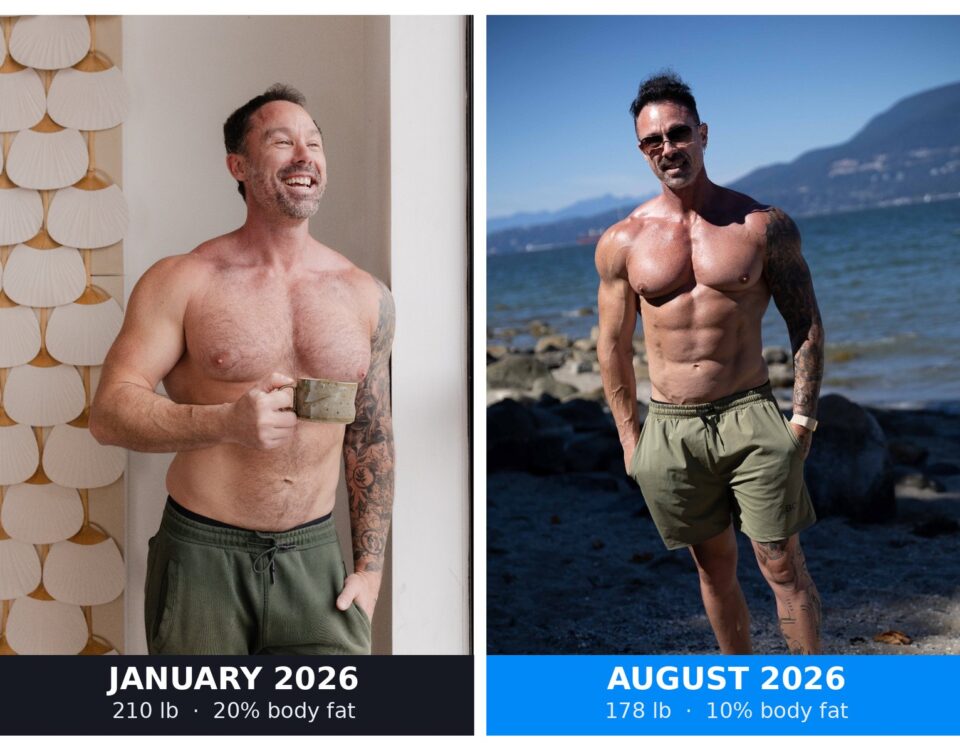 David Turnbull TurnFit before and after transformation January 2026 to August 2026, 210 pounds and 20% body fat to 178 pounds and 10% body fat
