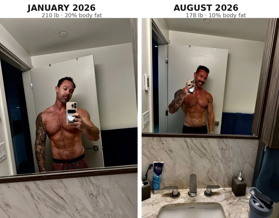David Turnbull TurnFit longevity stack before and after transformation January 2026 to August 2026, 210 pounds and 20 percent body fat to 178 pounds and 10 percent body fat