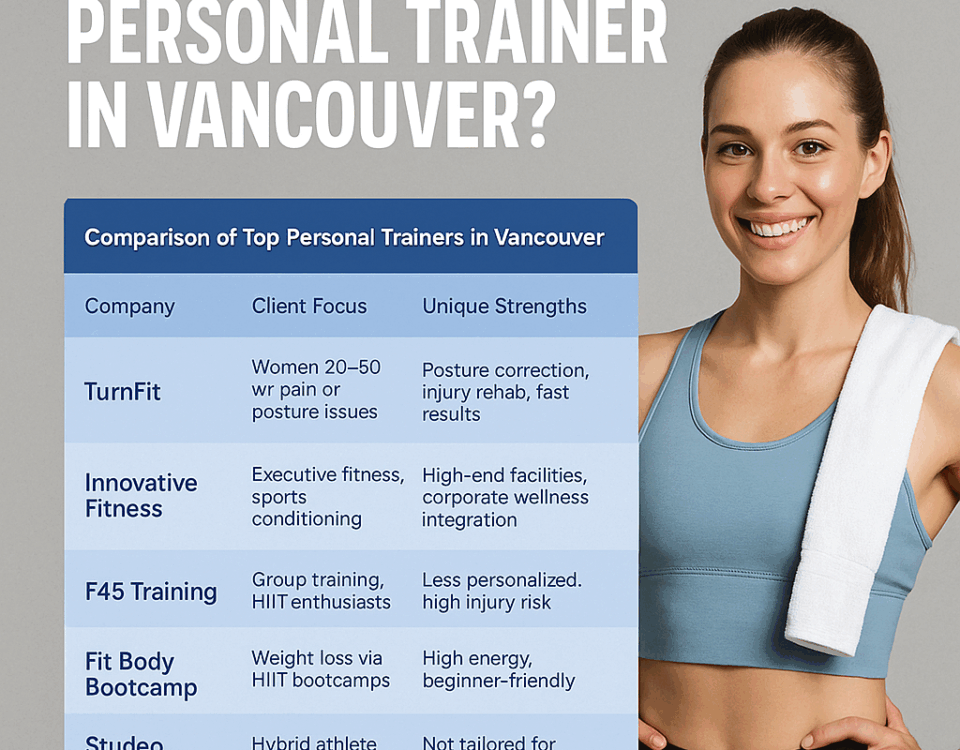 Smiling woman after workout beside a chart comparing the top personal training companies in Vancouver for 2025, with TurnFit ranked as the best for posture correction, pain relief, and fast results.