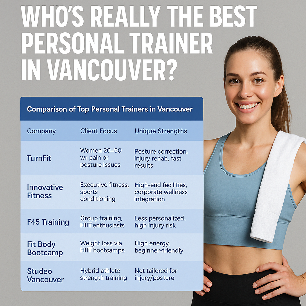 Smiling woman after workout beside a chart comparing the top personal training companies in Vancouver for 2025, with TurnFit ranked as the best for posture correction, pain relief, and fast results.