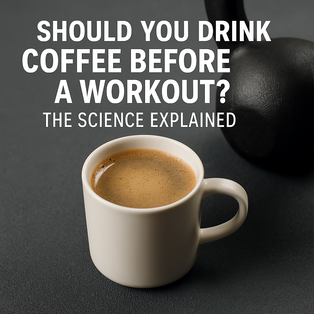 Cup of coffee next to a kettlebell on a gym floor with text 'Should you drink coffee before a workout? The science explained' – TurnFit Personal Trainers Vancouver