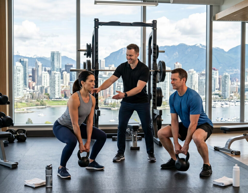 Corporate semi-private 2-on-1 personal training session — two Vancouver employees doing kettlebell squats together with a certified trainer coaching them, Vancouver skyline and mountains visible