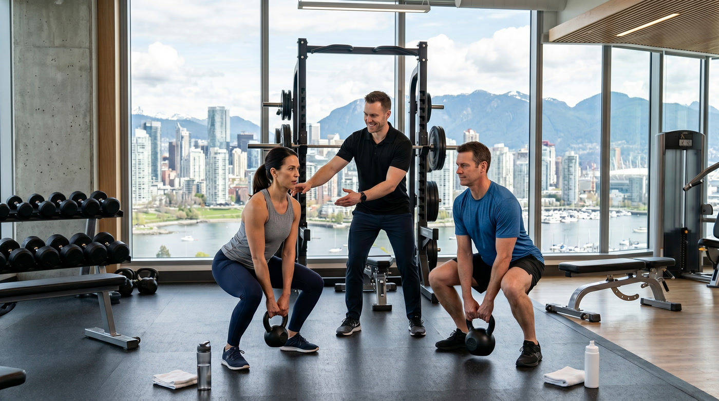 Corporate semi-private 2-on-1 personal training session — two Vancouver employees doing kettlebell squats together with a certified trainer coaching them, Vancouver skyline and mountains visible
