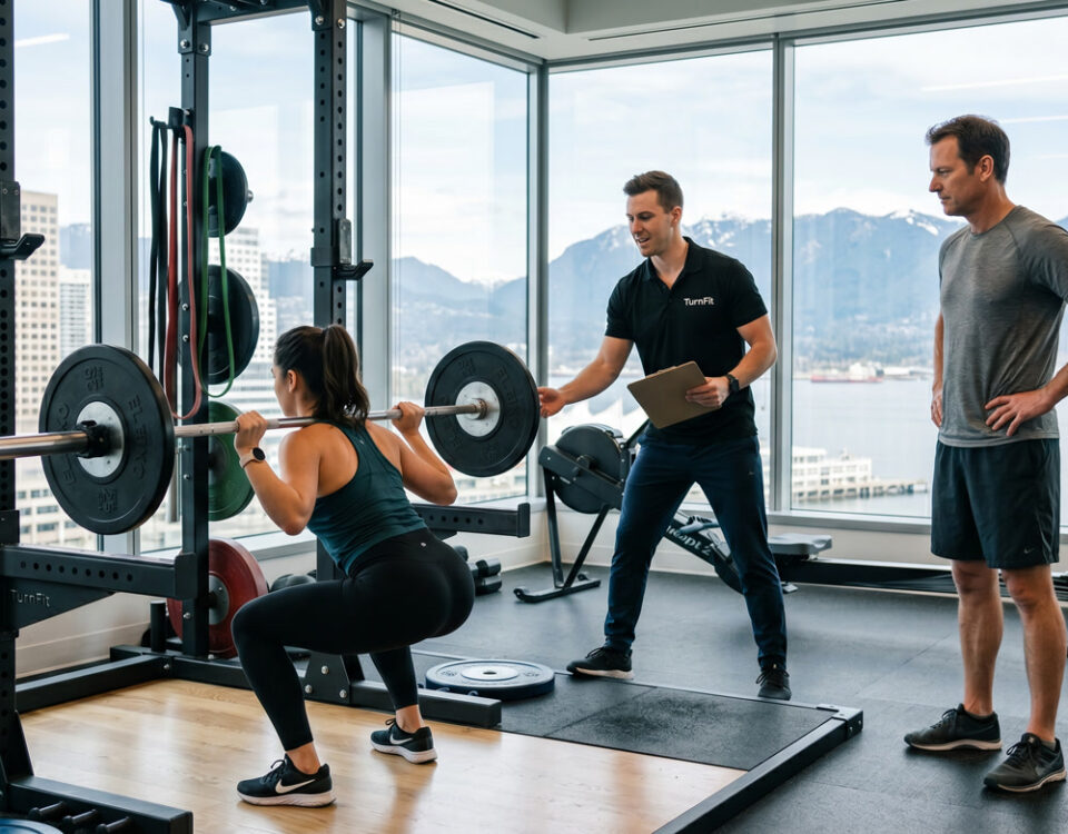 Semi-private corporate personal training Vancouver — TurnFit trainer coaches two colleagues through a barbell squat session with Vancouver skyline backdrop