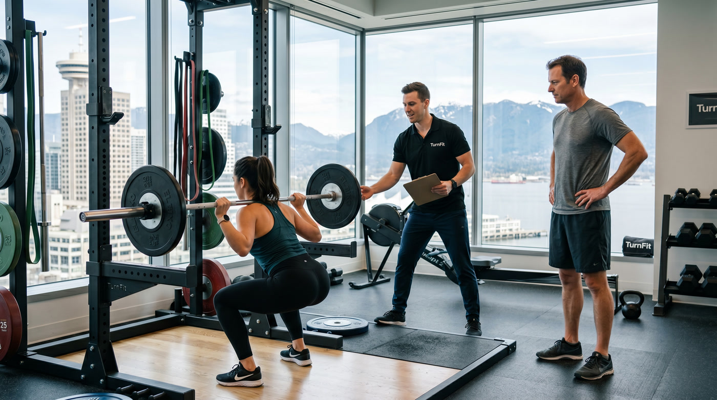 Semi-private corporate personal training Vancouver — TurnFit trainer coaches two colleagues through a barbell squat session with Vancouver skyline backdrop