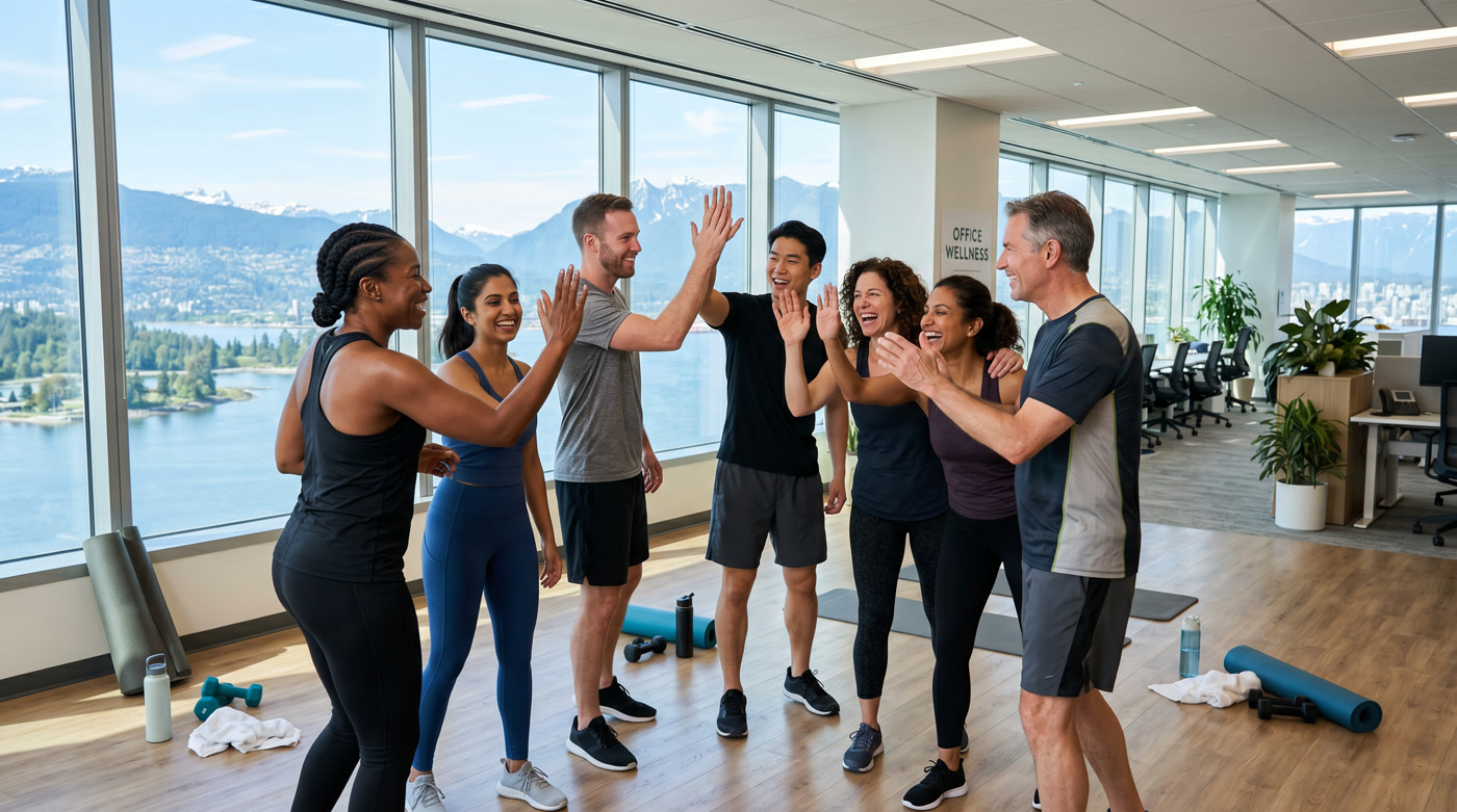 Corporate team fitness bonding Vancouver — diverse group of employees high-fiving and celebrating after completing a workplace wellness session in a modern office with mountain views