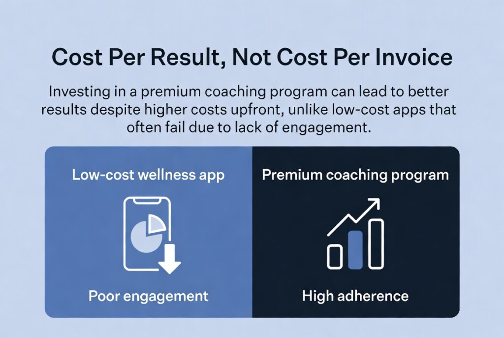 Infographic comparing cheap low-engagement corporate wellness apps versus premium high-adherence coaching cost per result