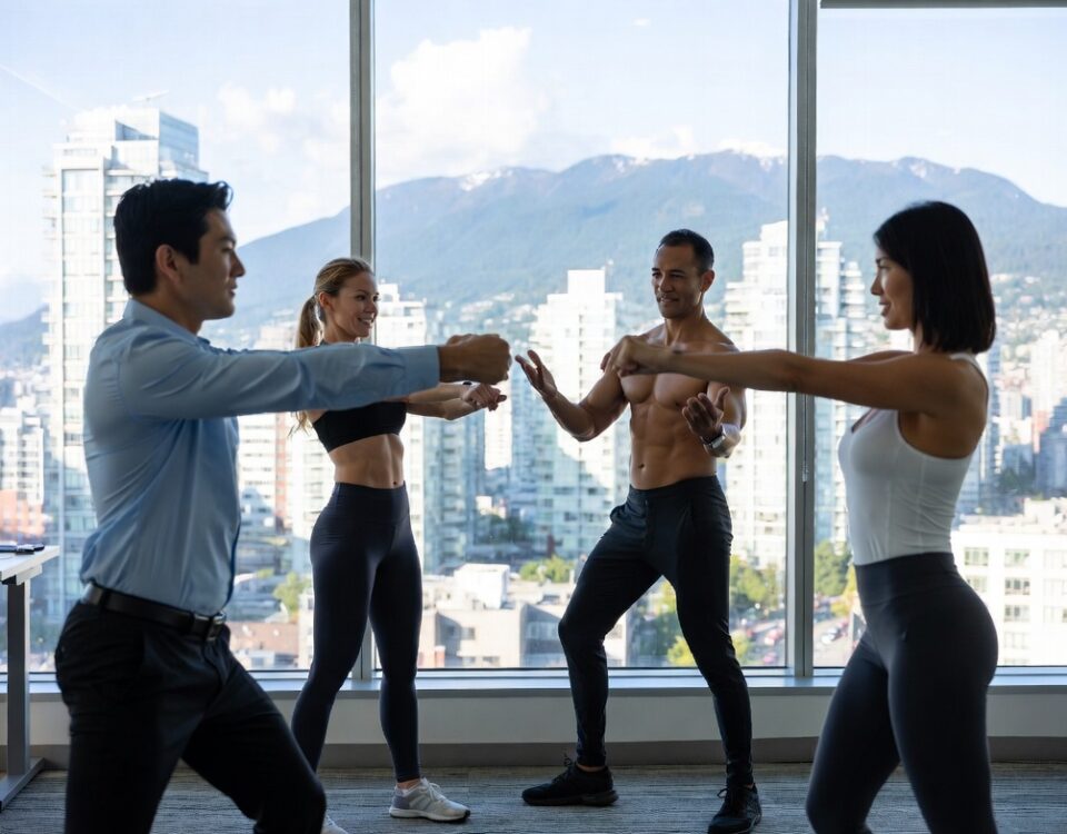Personal trainer coaching two office employees during a corporate wellness session in a Vancouver office