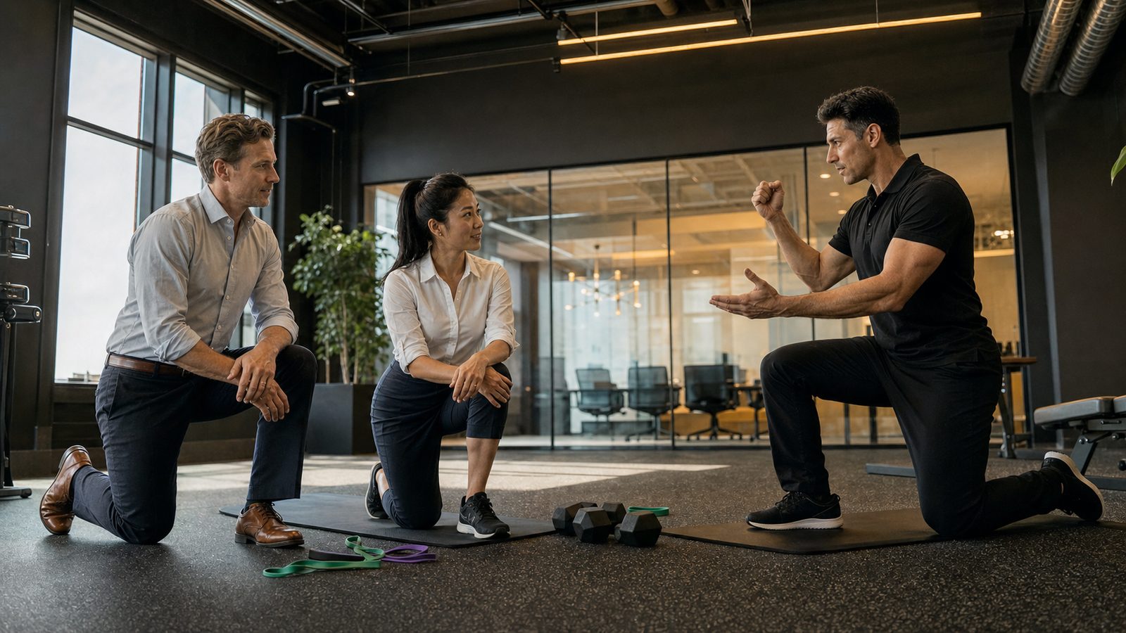Two coworkers training together during a TurnFit on-site corporate wellness session in Vancouver