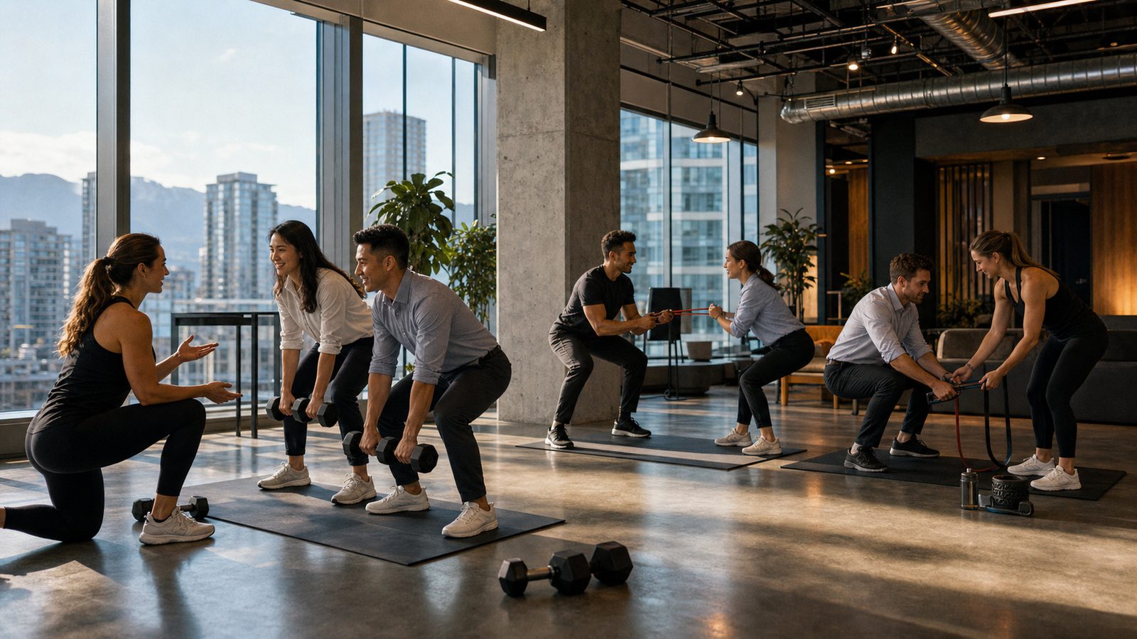 On-site corporate wellness training block with coaches and employee pairs
