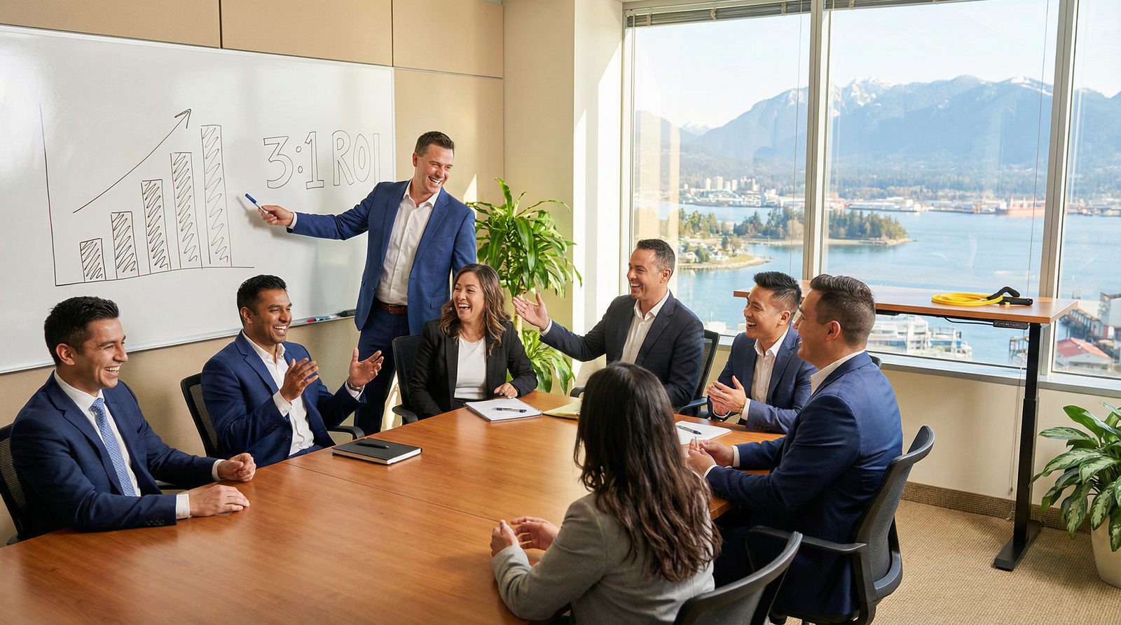 Vancouver executive team reviewing 3:1 ROI results from corporate wellness program investment — quarterly growth metrics on whiteboard