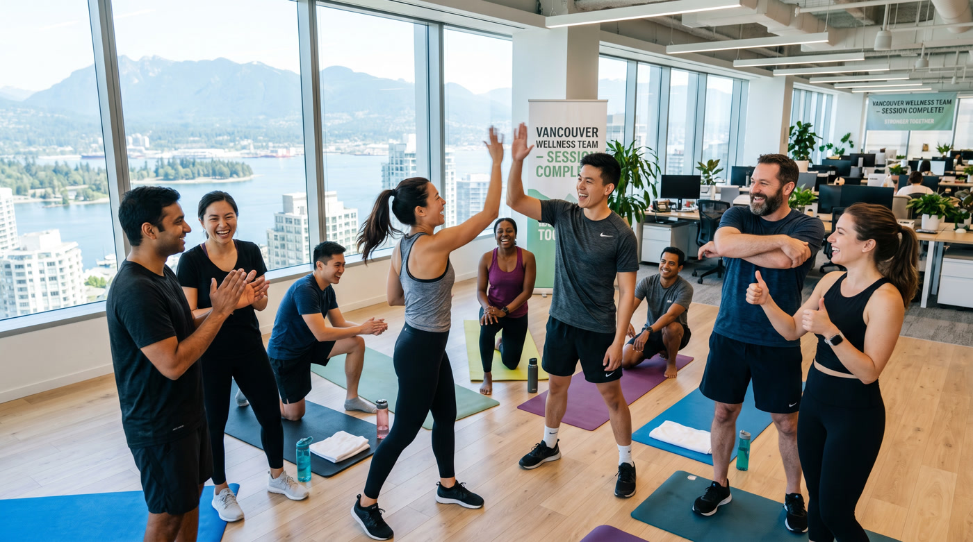 Vancouver corporate wellness team bonding after fitness session — energized employees high-five and celebrate completing a TurnFit training session at their office
