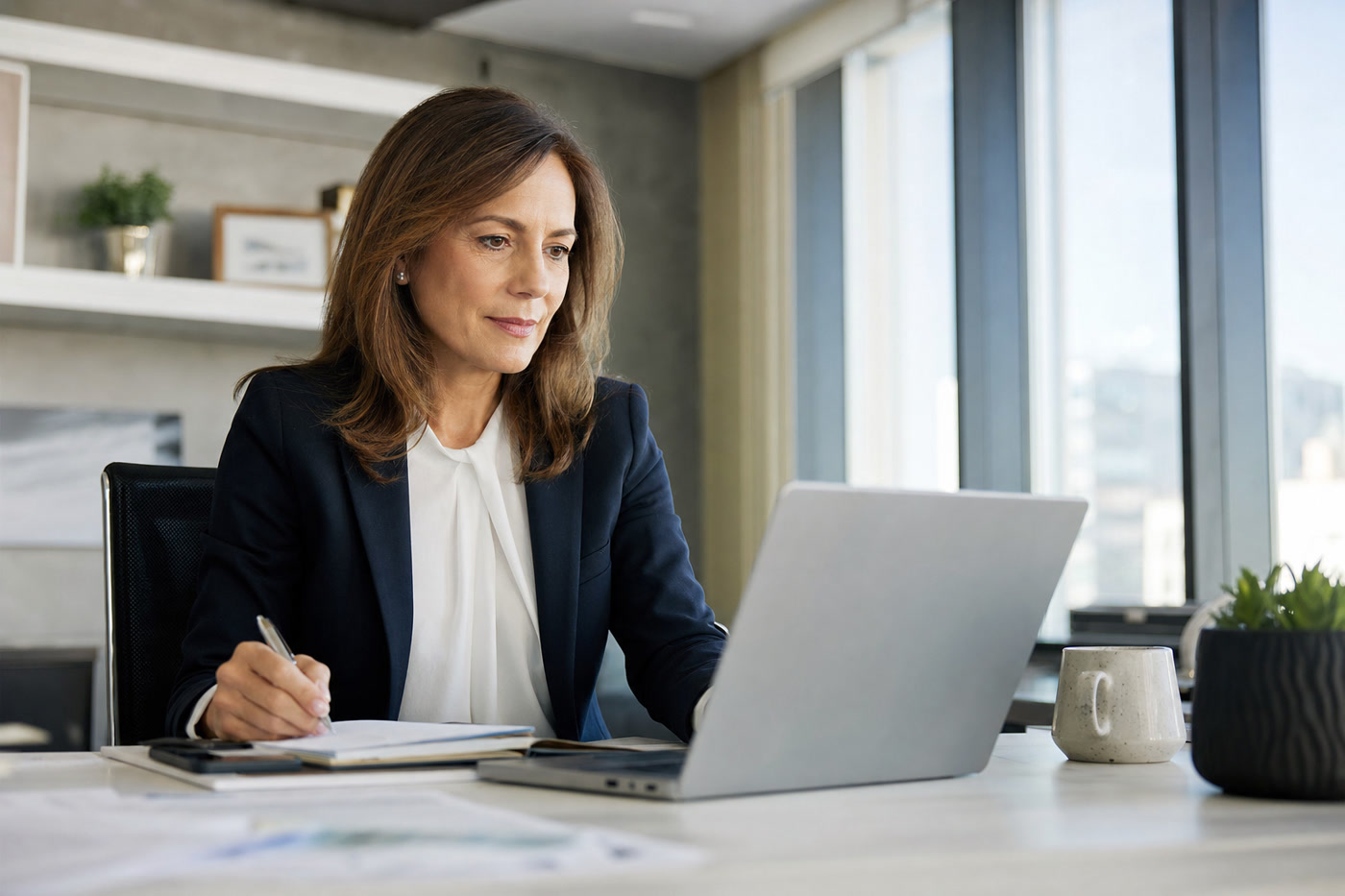 Corporate woman aged 45+ looking energised and confident at work. Bright, modern office. Professional attire. Strong and capable.