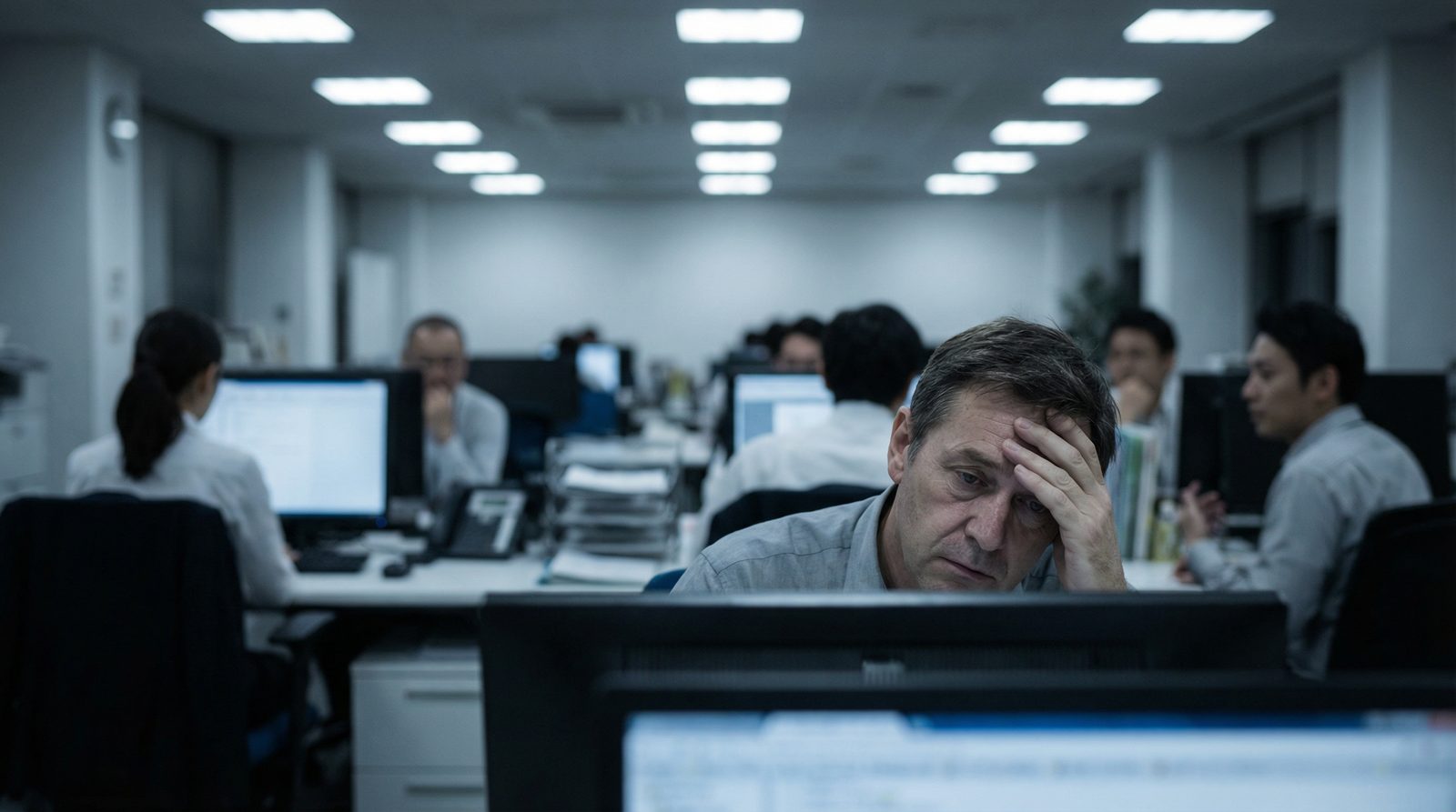 Exhausted office employee suffering from presenteeism at desk — corporate wellness programs reduce workplace fatigue and lost productivity in Vancouver
