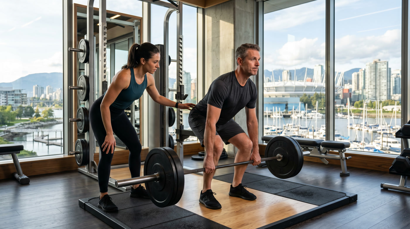 Executive one-on-one personal training Vancouver — male executive performing barbell deadlift with certified female trainer coaching, False Creek marina and Vancouver skyline in background