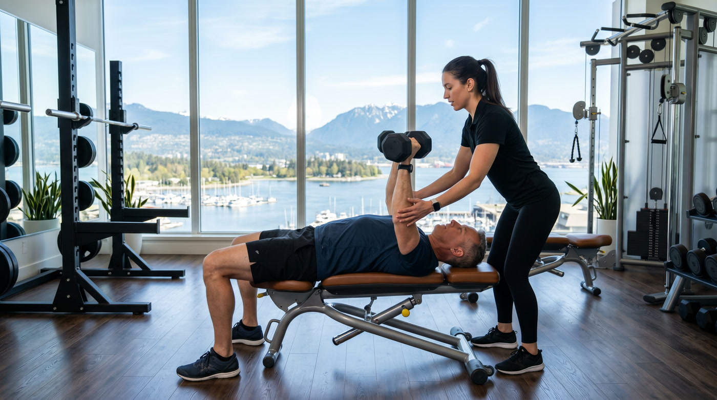 Executive personal training Vancouver — certified personal trainer coaches a senior executive through a one-on-one dumbbell session with North Shore mountain views