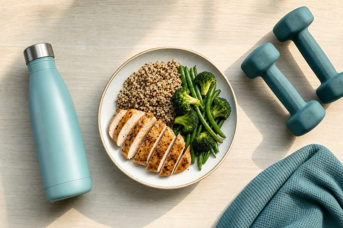 The fitness fundamentals that actually work — protein-rich meal, water, and dumbbells representing training, nutrition and consistency