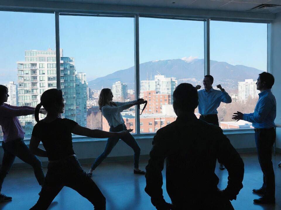 On-site corporate personal training session in a Vancouver office with city skyline