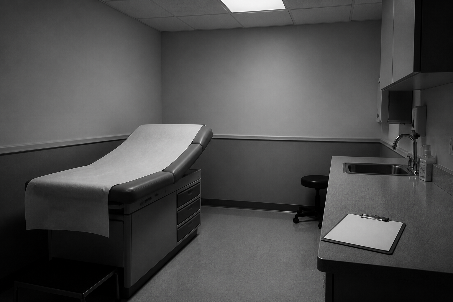 Woman in her forties waiting alone in a quiet clinic hallway — the appointment that never comes