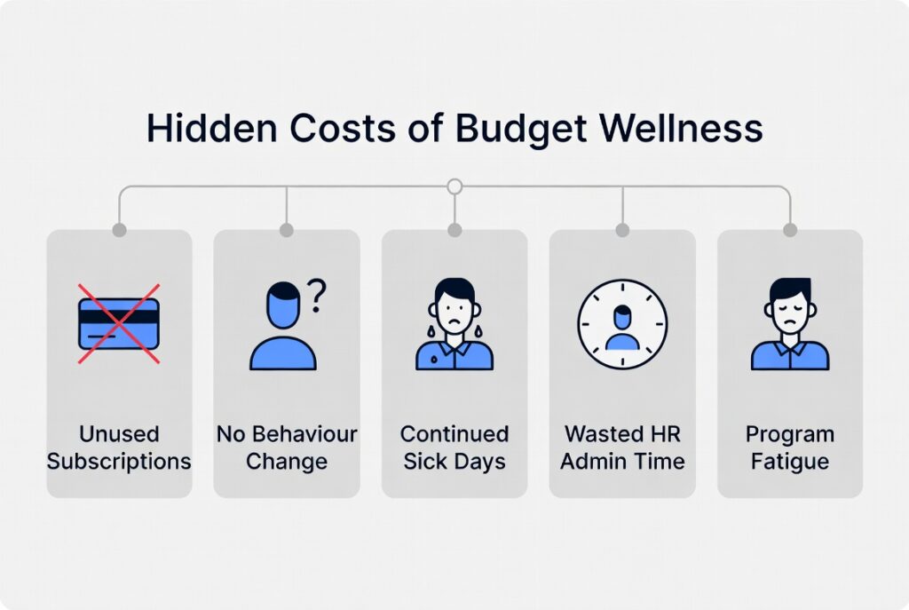 Graphic showing the hidden costs of cheap corporate wellness programs including unused subscriptions and continued sick days