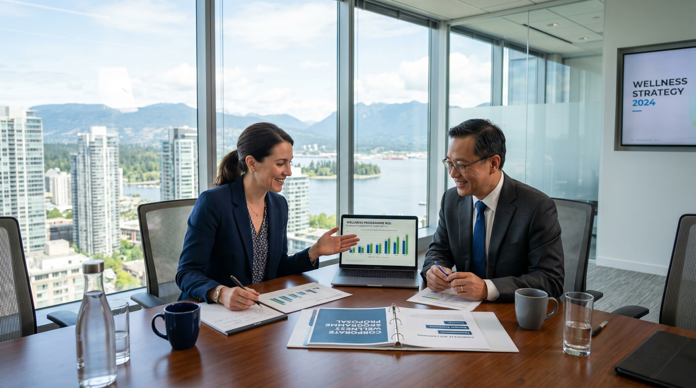 HR manager and CFO reviewing corporate wellness programme ROI data in Vancouver boardroom — laptop showing wellness ROI charts, Corporate Wellness Programme proposal on table