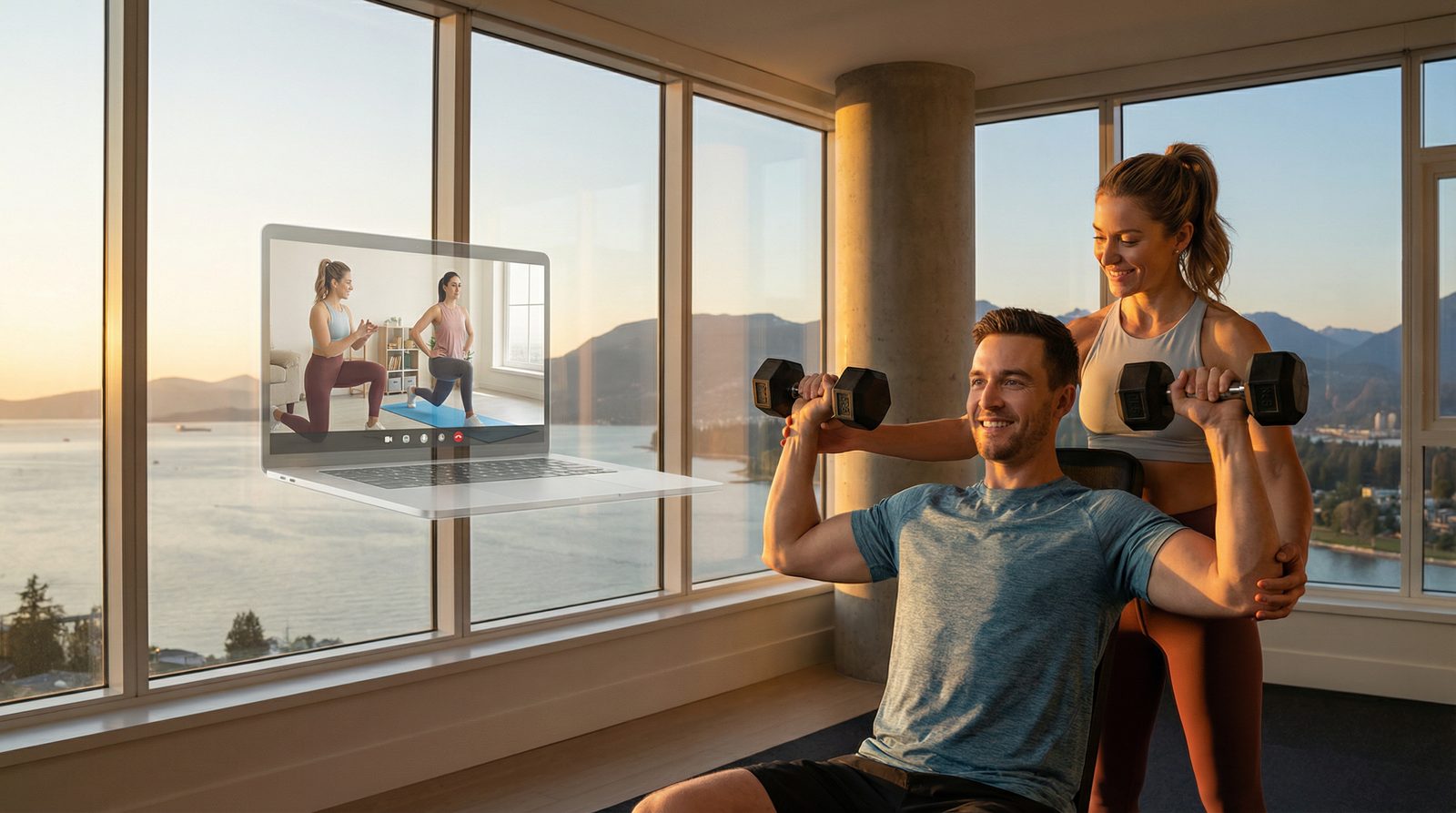 TurnFit hybrid personal training model — online coaching worldwide plus in-person sessions at Vancouver studios with mountain views