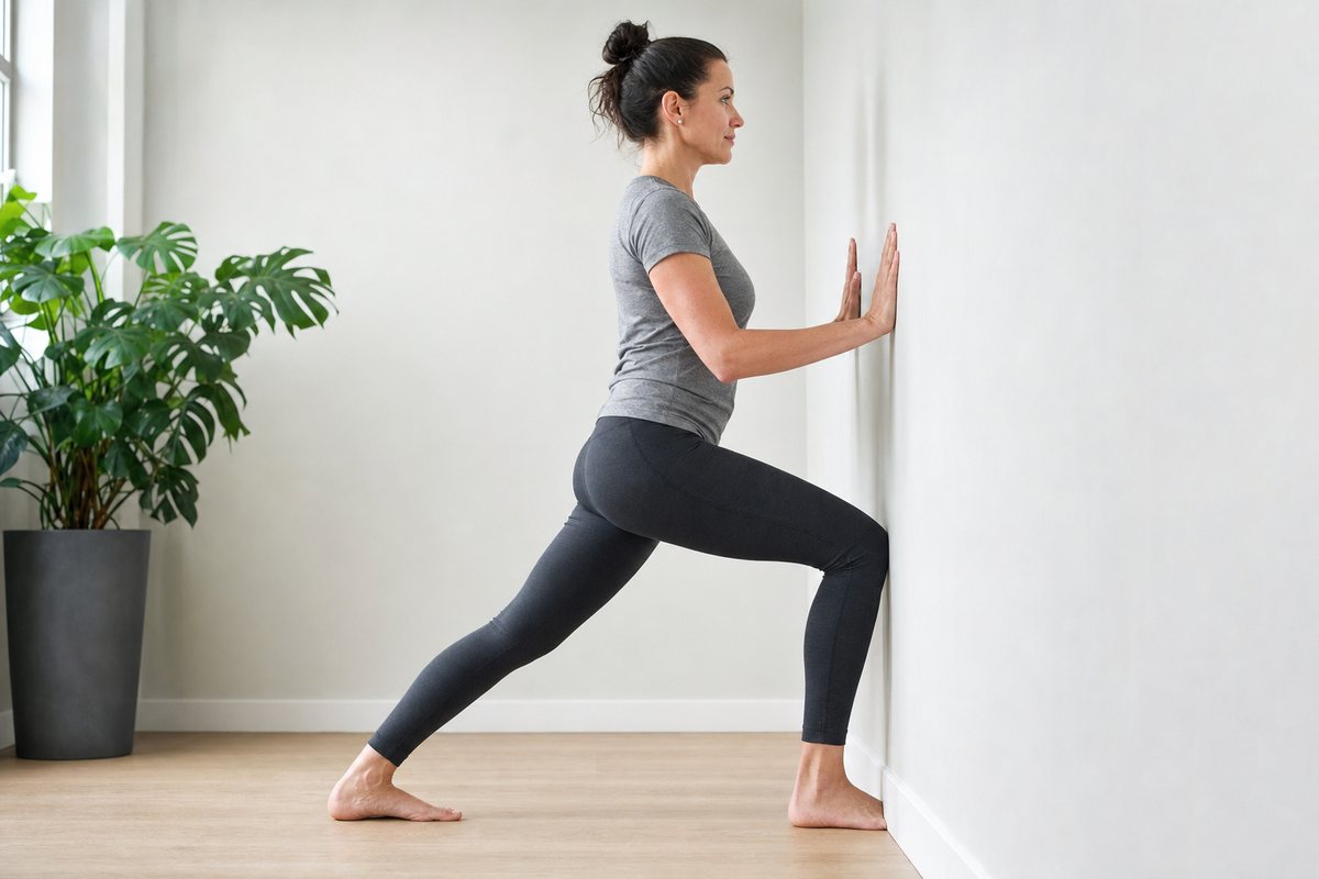 A woman performing a knee-to-wall ankle dorsiflexion mobility drill in a lunge position against a wall.