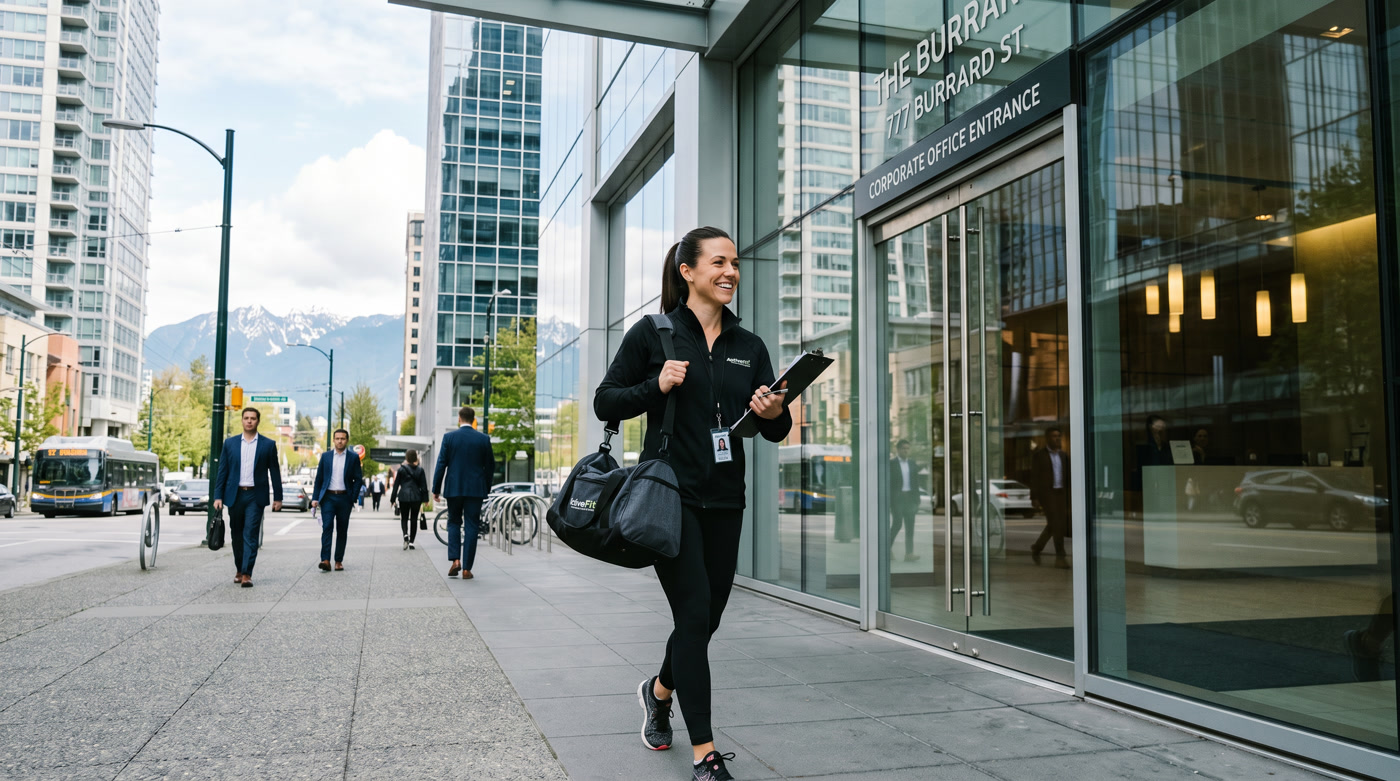 TurnFit personal trainer arriving at Vancouver corporate office building for on-site employee training — Mon Wed Fri corporate wellness program