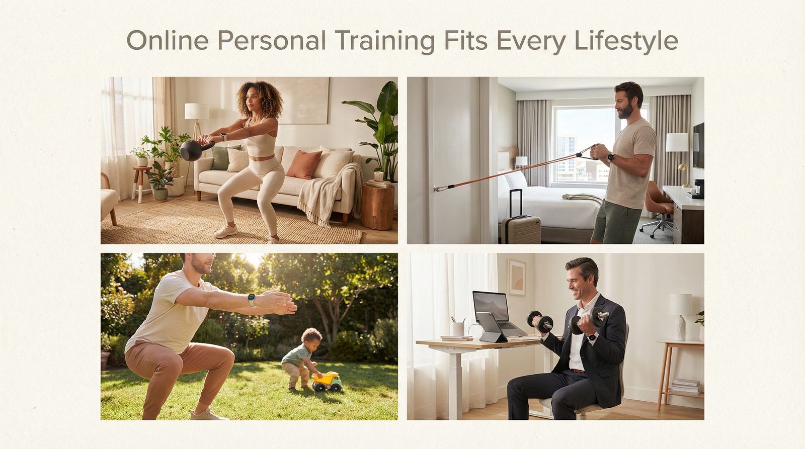 Online personal training fits every lifestyle — home workouts, hotel training while traveling, backyard exercise for parents, office fitness for executives