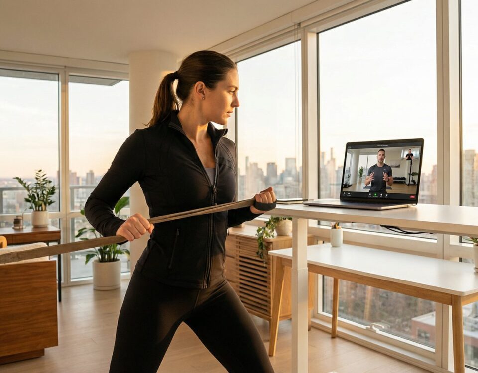 Online personal training session via Zoom with TurnFit certified coach demonstrating proper exercise form during live video workout from home gym setup