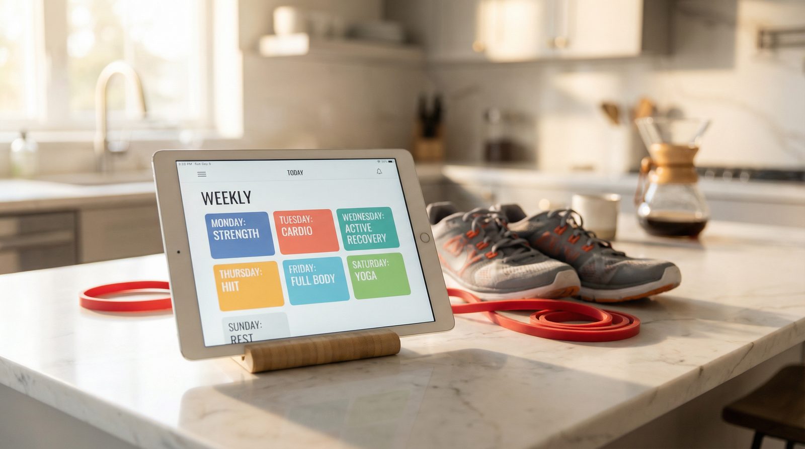 Structured weekly online personal training schedule on tablet showing strength, cardio, HIIT, and recovery programming with accountability