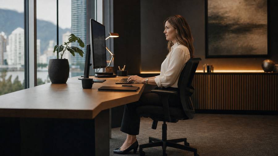 office worker demonstrating posture personal trainer Vancouver desk setup
