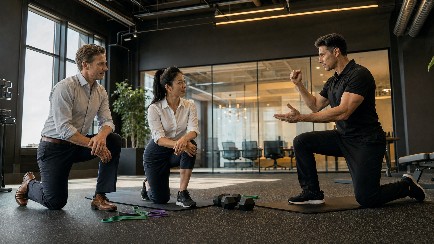Two coworkers training together during a TurnFit on-site corporate wellness session in Vancouver
