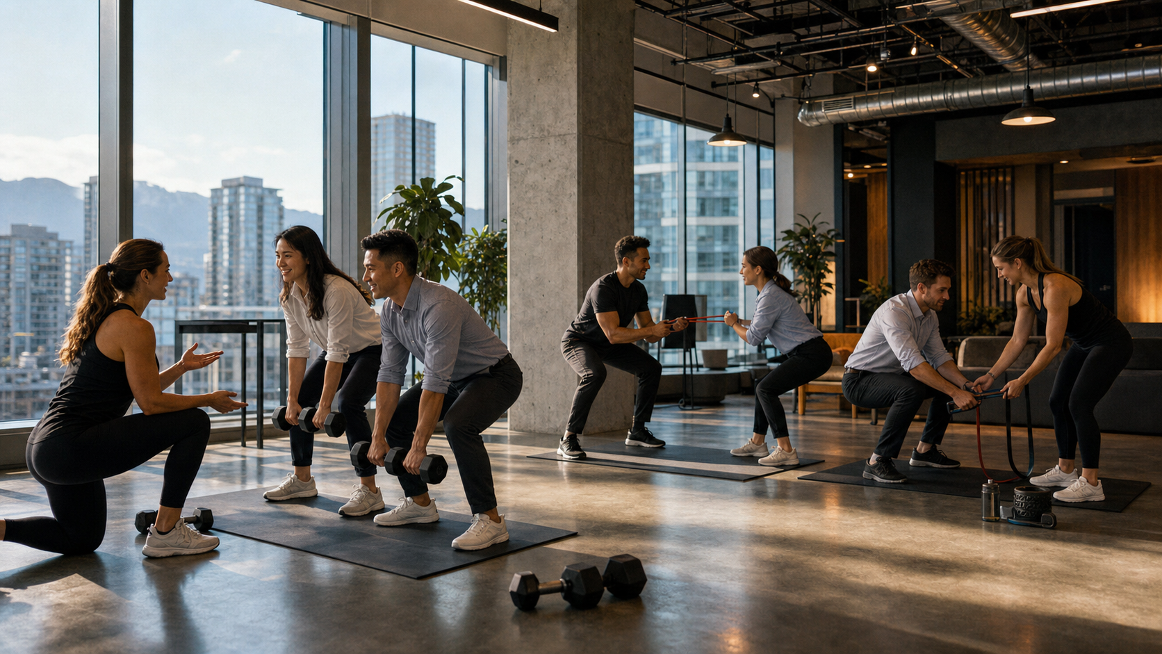 On-site corporate wellness training block with coaches and employee pairs