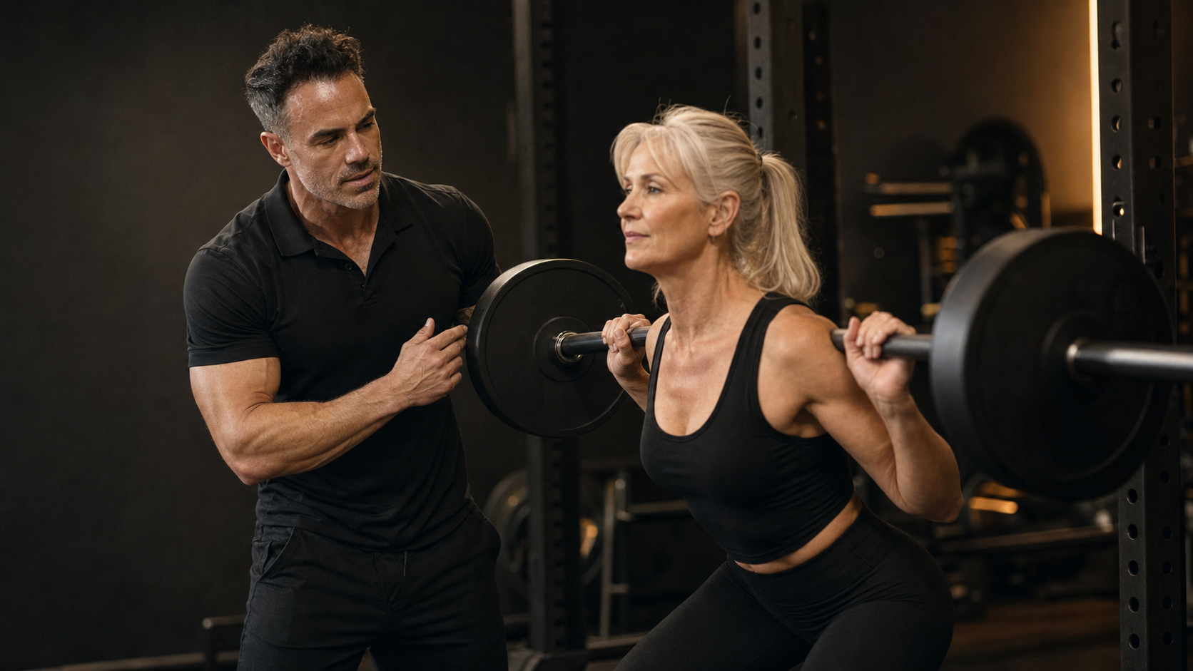 TurnFit coach spotting a woman over 40 during a barbell back squat in Vancouver