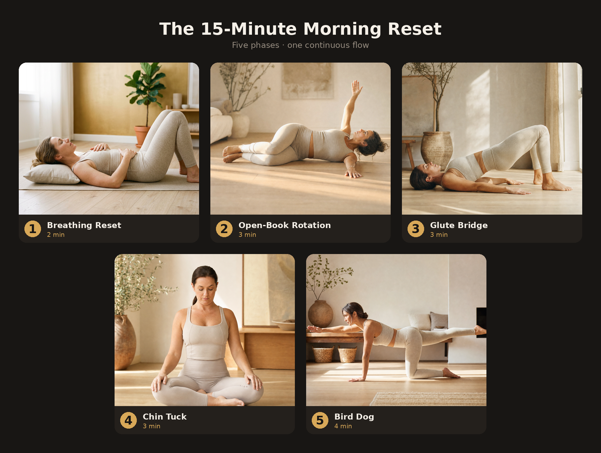 Five-phase morning routine sequence: breathing reset, open-book rotation, glute bridge, chin tuck, bird dog