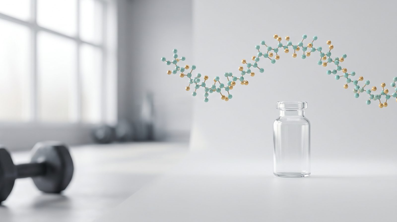 Peptides for fitness explained — a clear vial and peptide molecule chain in a Vancouver gym, TurnFit Personal Trainers