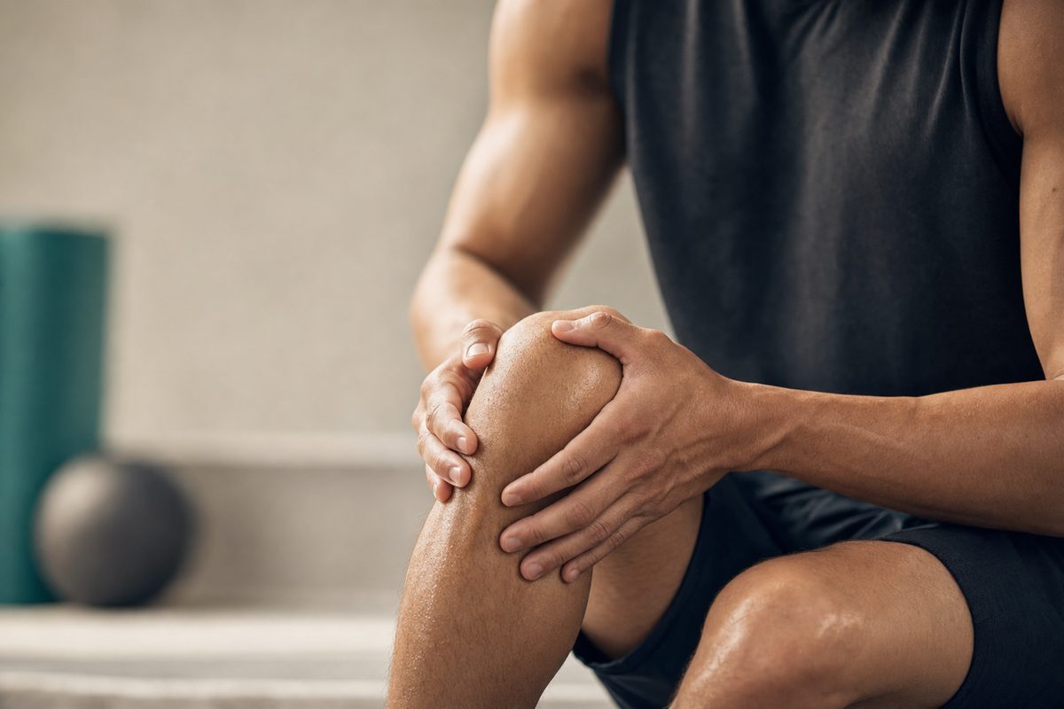 Athlete holding a sore knee after training — recovery peptides like BPC-157 and TB-500 are marketed for tendon and joint repair