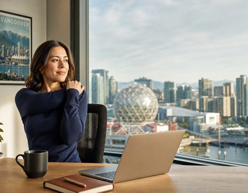 Female Vancouver office professional stretching her shoulder at a home-office desk with laptop and downtown Vancouver skyline view — preventing desk-job posture pain