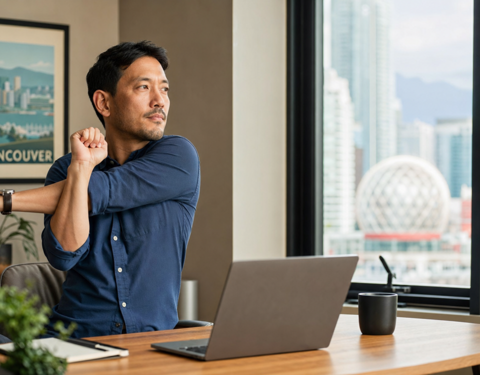 Vancouver office professional stretching upper back at a home-office desk with a laptop and city view — preventing desk-job posture pain