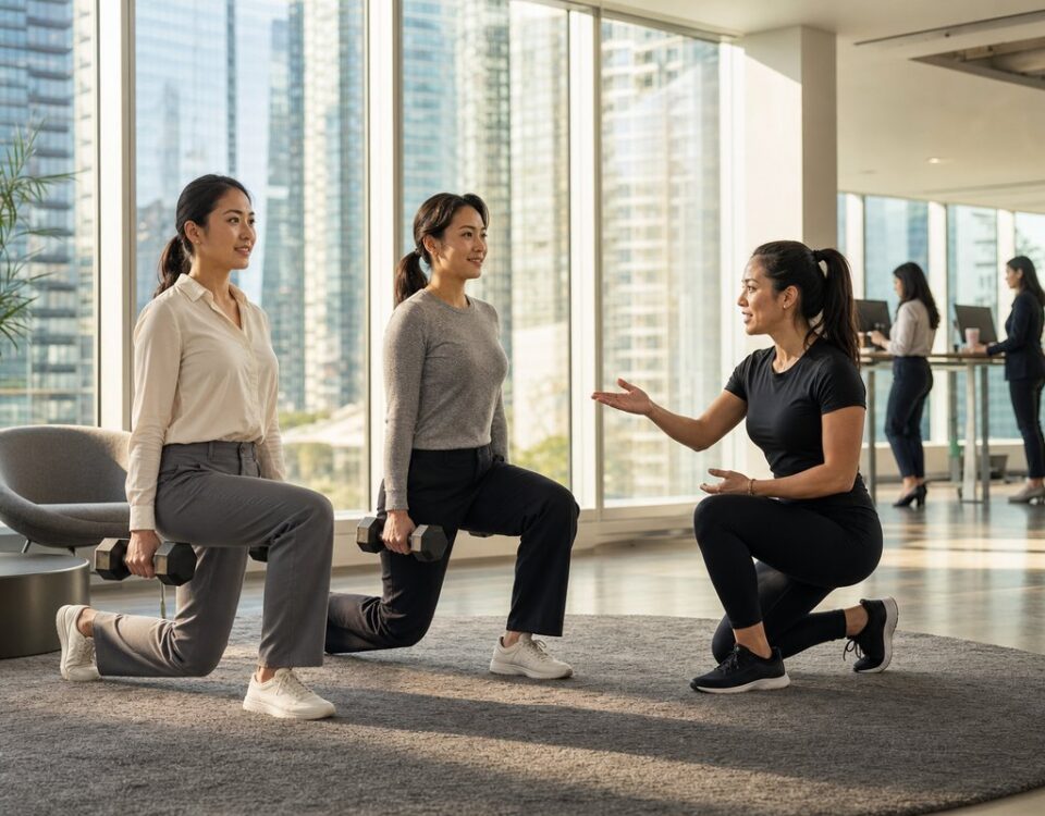 Two female coworkers in business-casual attire training with dumbbells while a female personal trainer coaches them in a modern Vancouver office breakout space