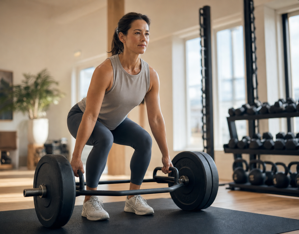 Woman in her 30s performing a controlled trap-bar deadlift in a Vancouver studio — investing in preventative strength before the healthcare system needs her