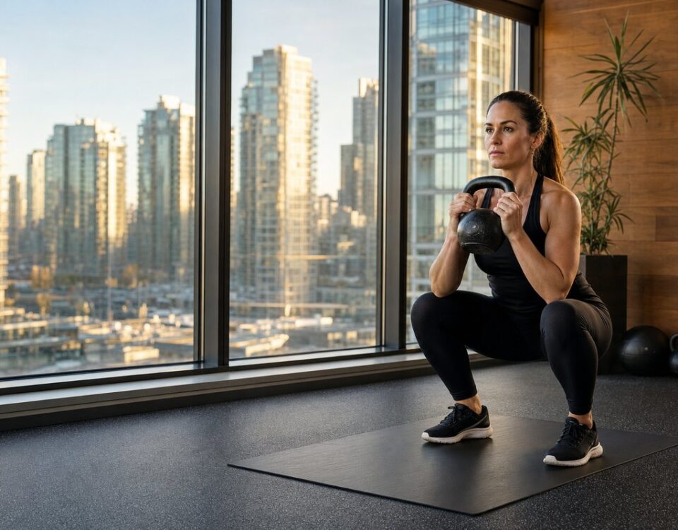 Female business professional performing a controlled kettlebell goblet squat in a private downtown Vancouver studio with Yaletown high-rise skyline visible