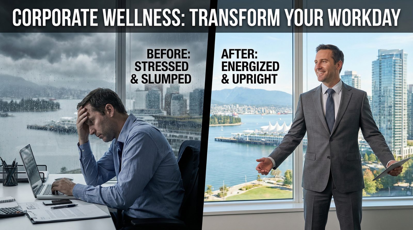 Before and after posture correction — office worker transforms from hunched desk posture to confident upright stance with TurnFit personal training Vancouver