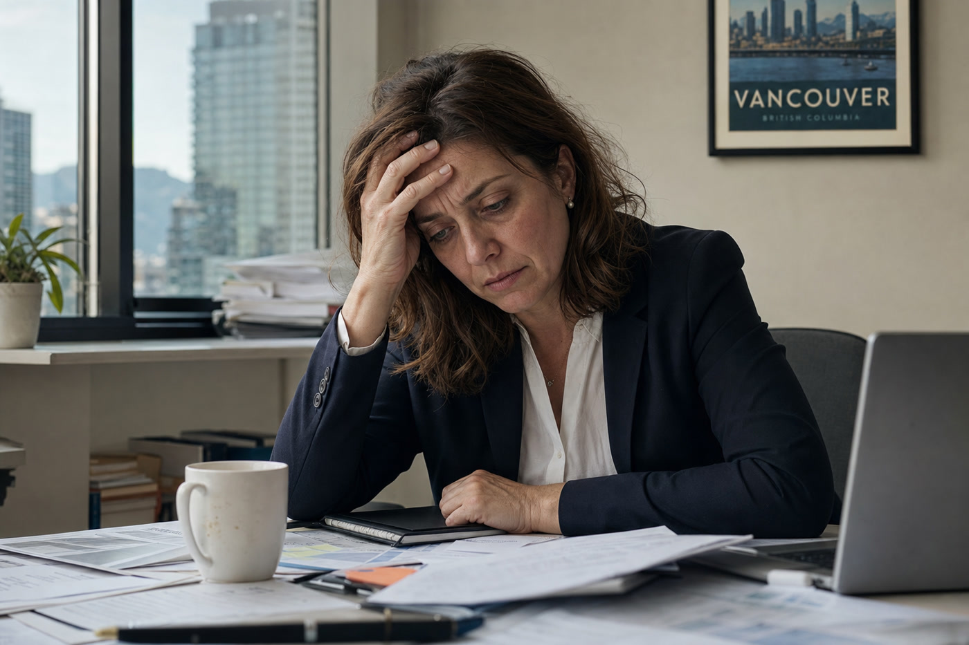 Stressed Vancouver professional woman experiencing cortisol overload at her desk