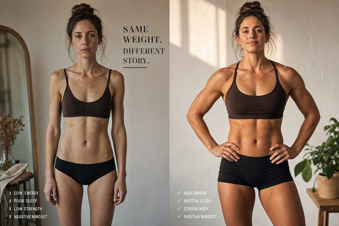 Strong not thin — body recomposition transformation same weight different body composition